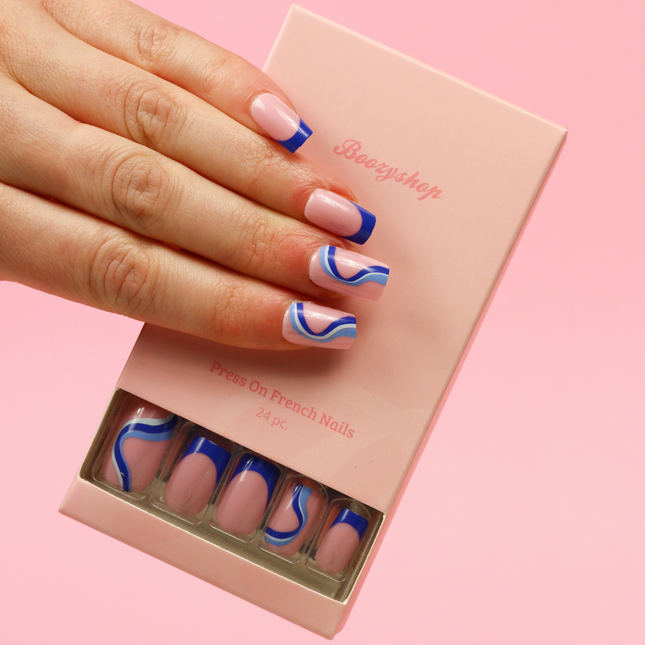 Boozyshop Press On French Nails Blue Waves